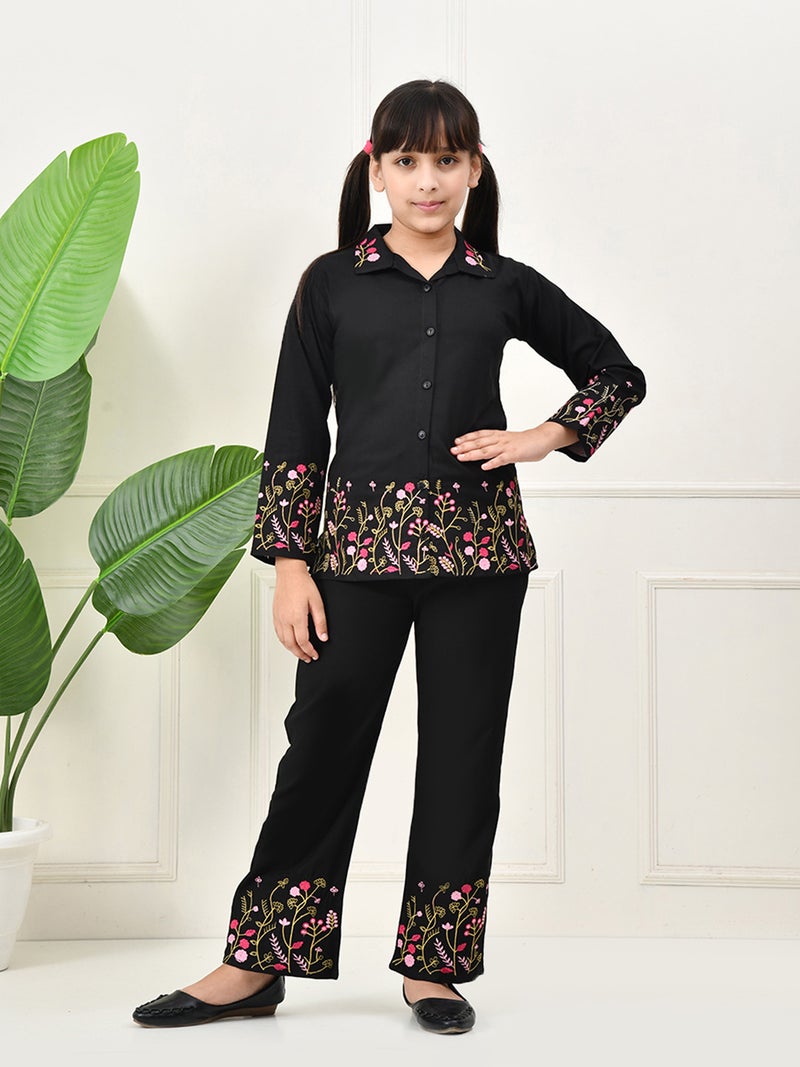 Floral Embroidered Black Top & Pant Set for Girls